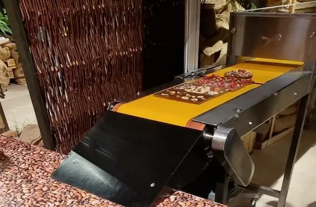 Tablettes de chocolat décorées sur le tapis roulant de la ChocoWelt
