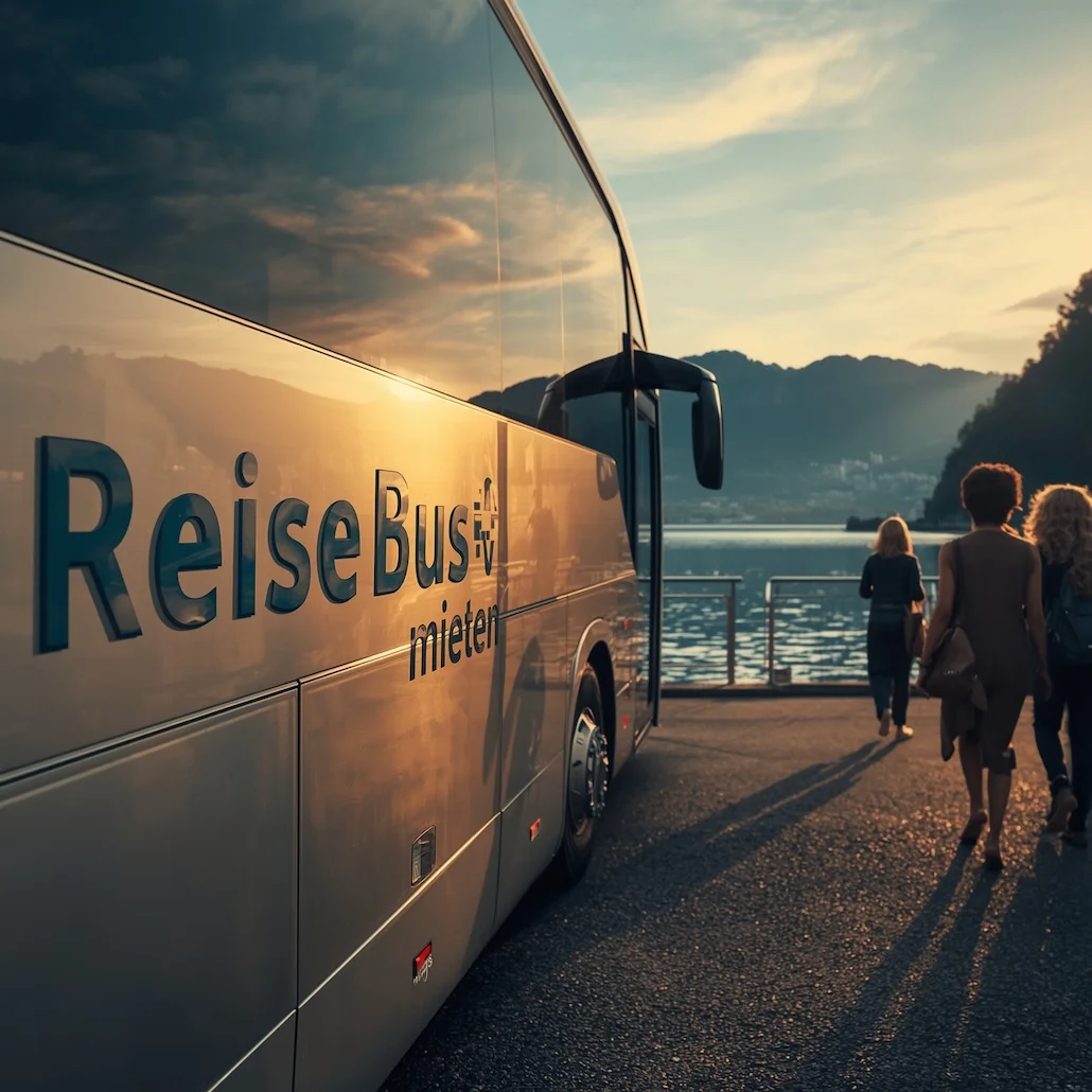 Autocar argenté au bord d’un lac suisse au coucher du soleil – location de bus avec chauffeur à Zurich.