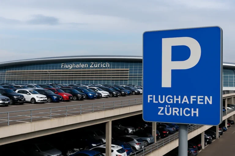 Parkplatz am Flughafen Zürich mit zahlreichen geparkten Autos und großem blauen Parkplatzschild im Vordergrund.