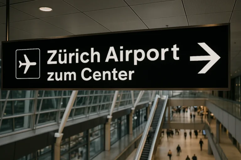 Hinweisschild im Flughafen Zürich mit der Aufschrift ‚Zürich Airport zum Center‘ und einem Pfeil nach rechts, im Hintergrund ein Innenbereich mit Rolltreppen und Passagieren.