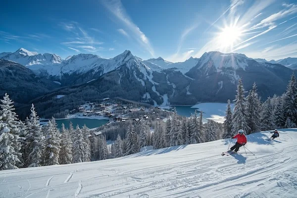 Skifahrer auf einer breiten Skipiste in Österreich mit Blick auf schneebedeckte Alpen, einen Bergsee, verschneite Tannen und sonniges Winterpanorama.