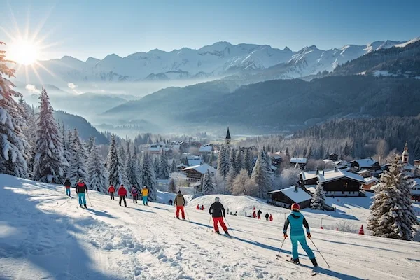 Skifahrer auf einer sonnigen Skipiste in der Schweiz mit Blick auf ein verschneites Bergdorf, Tannenwälder und Alpenpanorama im Hintergrund.