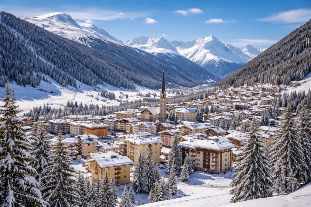 Verschneites Winterpanorama von Davos mit Dorfzentrum, Kirche und Alpenbergen – beliebtes Reiseziel bei der Anreise vom Flughafen Zürich nach Davos.