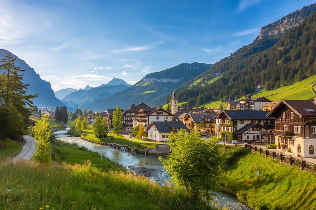 Malerischer Blick auf das Bergdorf Lech mit traditionellen Häusern, Fluss und grünen Berghängen im Hintergrund – Zielort für den Transfer vom Flughafen Zürich nach Lech.