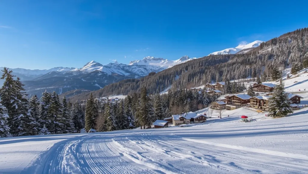 Verschneite Skipiste im Skigebiet Brandnertal mit Blick auf alpine Berglandschaft, Tannenwald und Chalet-Dorf unter blauem Himmel.