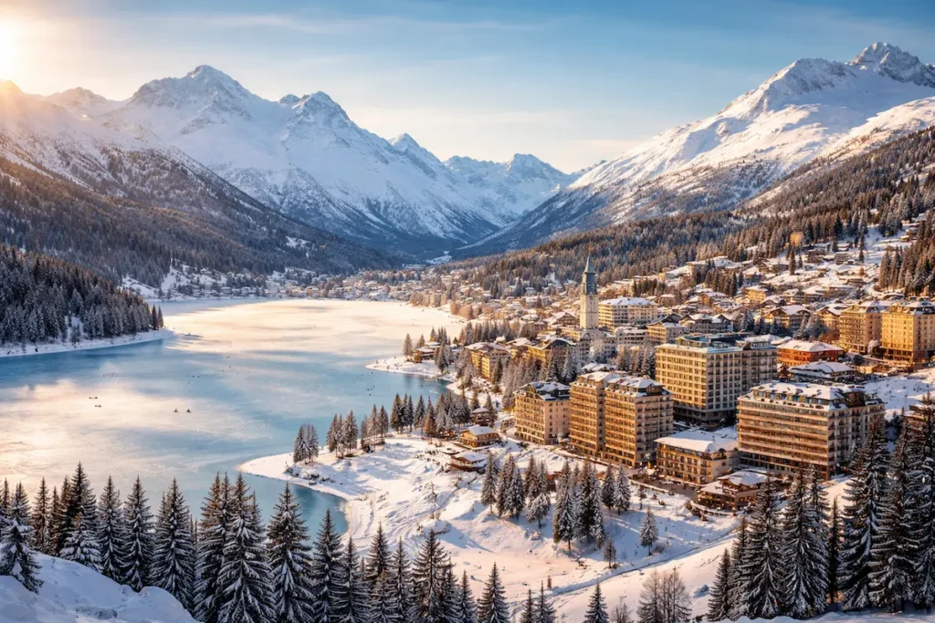 Winterpanorama von St. Moritz mit verschneitem Dorf, gefrorenem See und Alpenbergen – beliebtes Reiseziel für Transfers vom Flughafen Zürich nach St. Moritz.