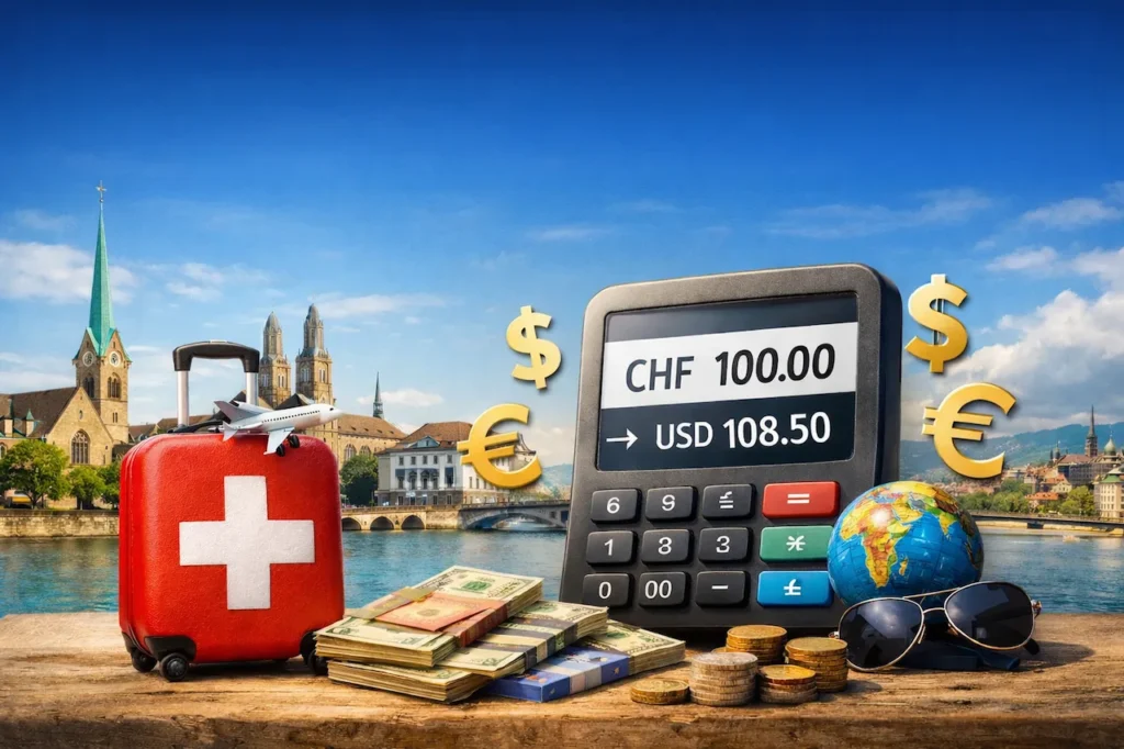 Red Swiss suitcase and calculator showing CHF to USD conversion in front of Zurich skyline – currency calculator for Zurich airport transfer