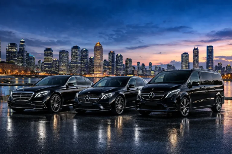 Mercedes S-Klasse, E-Klasse und V-Klasse im Vergleich vor Stadt-Skyline – SWIVON Premium Chauffeur Fahrzeuge