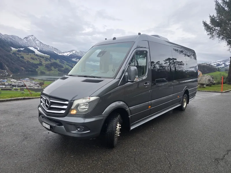 Grauer Mercedes Sprinter Minibus parkiert vor Schweizer Alpen – Minibus mieten für Transfers und Gruppenreisen in der Schweiz
