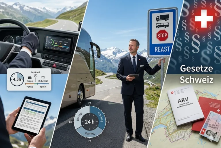 Collage zu Arbeitszeiten, Ruhezeiten und gesetzlichen Vorschriften für Chauffeure in der Schweiz