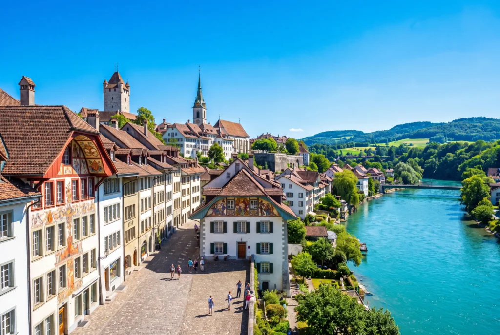 Aarau ab Zürich mit Chauffeur – die Altstadt der Aargauer Kantonshauptstadt mit ihren berühmten bemalten Giebelfassaden entlang einer gepflasterten Gasse, dem Schlössli-Turm und Stadtkirchen-Spitzturm auf der Anhöhe und der türkisblauen Aare unter klarem blauem Himmel