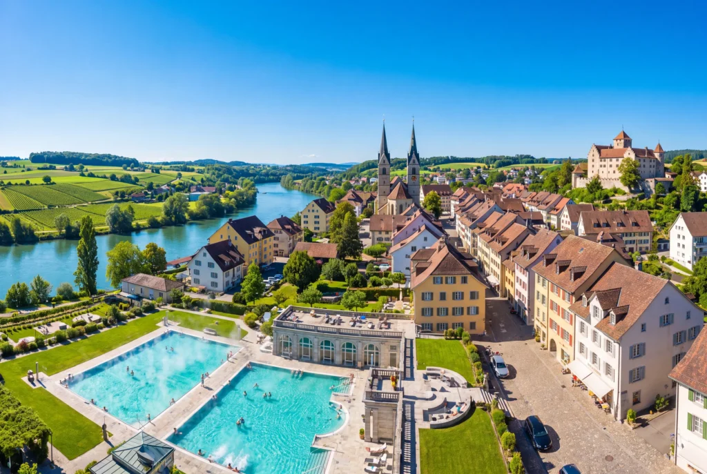 Bad Zurzach ab Zürich mit Chauffeur – die dampfenden türkisblauen Thermalbecken mit Badegästen im Vordergrund, dahinter die historische Altstadt mit dem zweitürmigen Verenamünster, dem Schloss auf der Anhöhe, Weinbergen und dem ruhig fliessenden Rhein unter blauem Himmel