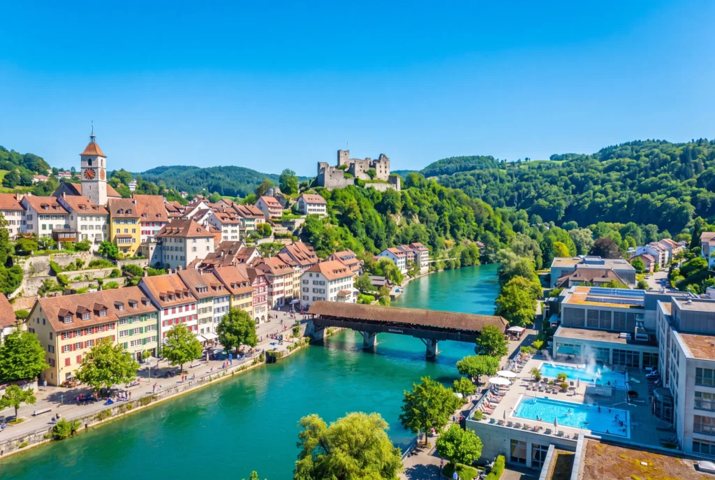 Baden AG ab Zürich mit Chauffeur – die Altstadt mit ihren bunten Häusern und dem Stadtturm entlang der türkisblauen Limmat, der gedeckten hölzernen Holzbrücke, der Ruine Stein auf dem bewaldeten Hügel und den dampfenden Thermalbecken am Flussufer unter blauem Himmel