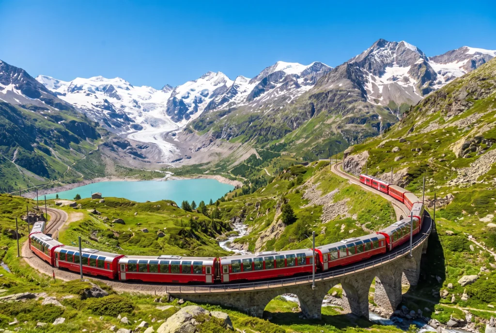 Bernina Express ab Zürich mit Chauffeur – der rote Panoramazug der Rhätischen Bahn fährt in einer weiten Kurve über ein gemauertes Steinviadukt, im Hintergrund ein türkisblauer Gletschersee, der Morteratschgletscher und schneebedeckte Berninagipfel unter klarem blauem Himmel