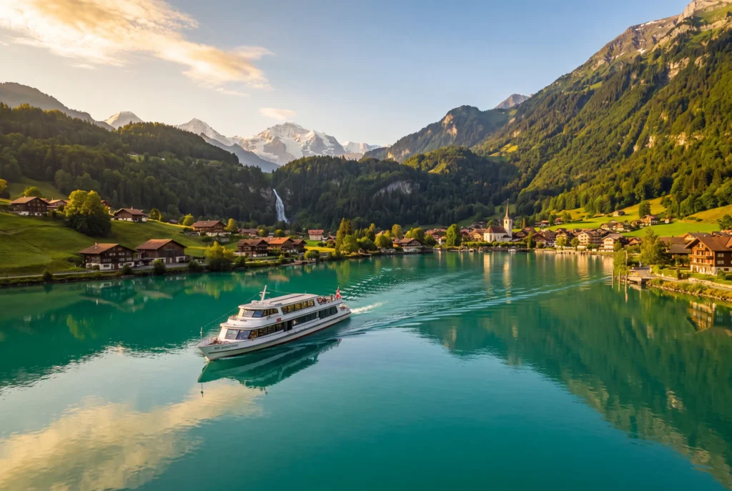 Brienzersee Ausflug ab Zürich mit Chauffeur – das türkisgrüne Wasser des Brienzersees mit dem Kursschiff MS Jungfrau, ein Seedorf mit Kirchturm, die Giessbachfälle am bewaldeten Hang und das Jungfrau-Massiv im Hintergrund im Abendlicht