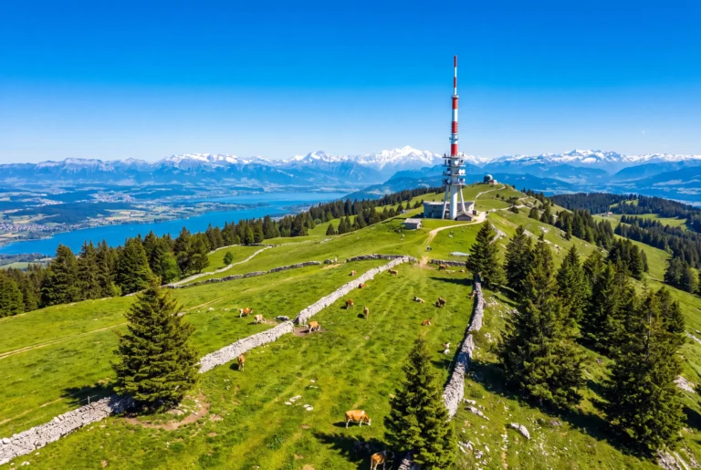 Chasseral & Bielersee ab Zürich mit Chauffeur – der rot-weisse Sendeturm auf dem Chasseral-Gipfel über grünen Jura-Weiden mit grasenden Kühen und Trockensteinmauern, im Tal der blaue Bielersee und am Horizont die schneebedeckte Alpenkette unter klarem blauem Himmel