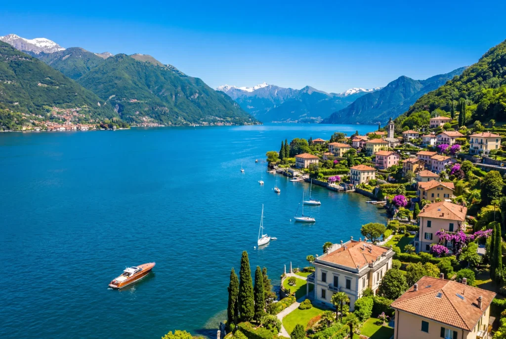 Comer See ab Zürich mit Chauffeur – der tiefblaue oberitalienische See zwischen steilen grünen Bergen mit einem hölzernen Motorboot und weissen Segelyachten, pastellfarbenen Villen mit Terrakottadächern, Zypressen und blühender Bougainvillea am Ufer vor schneebedeckten Alpengipfeln