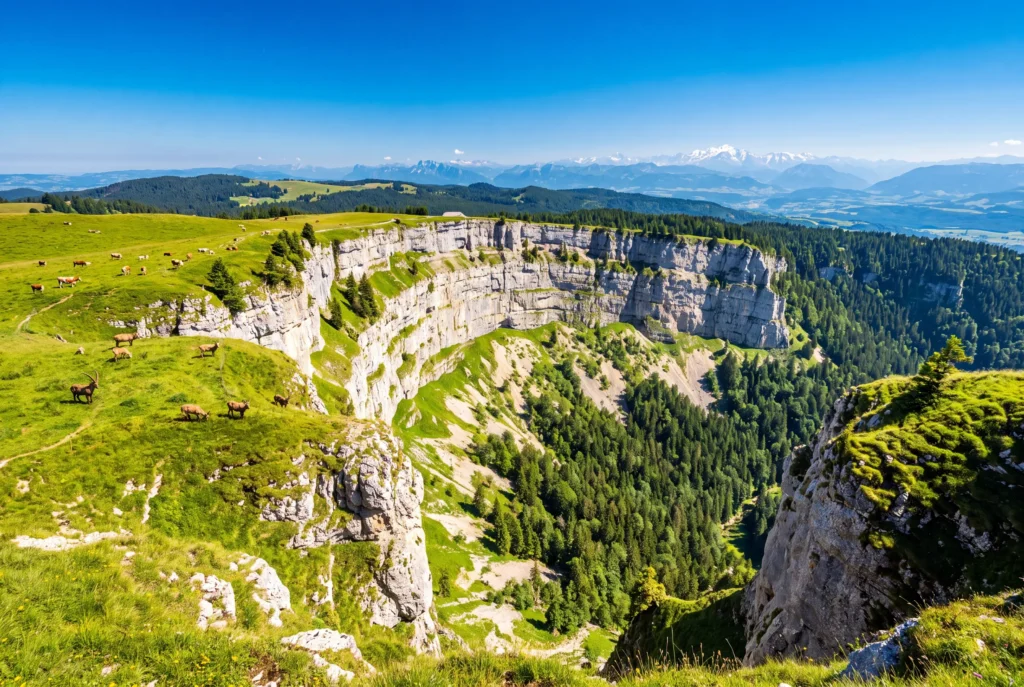 Creux du Van ab Zürich mit Chauffeur – das hufeisenförmige Felsamphitheater mit hohen hellen Kalksteinwänden, grasenden Steinböcken und Kühen auf der grünen Hochebene, bewaldeten Hängen und der schneebedeckten Alpenkette mit Mont Blanc am Horizont