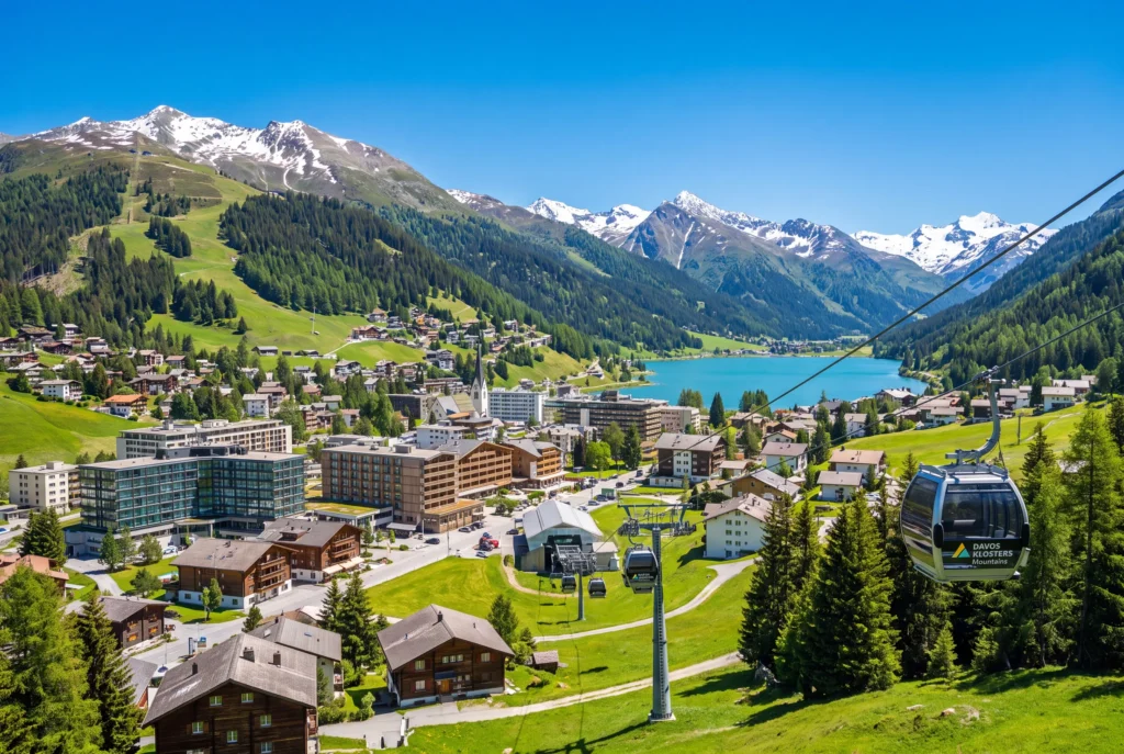 Davos Privattour ab Zürich mit Chauffeur – Gondeln der Davos Klosters Mountains schweben über dem Alpenkurort hinab zum türkisblauen Davosersee, umgeben von saftigen grünen Bergwiesen, Nadelwäldern und schneebedeckten Gipfeln unter blauem Himmel