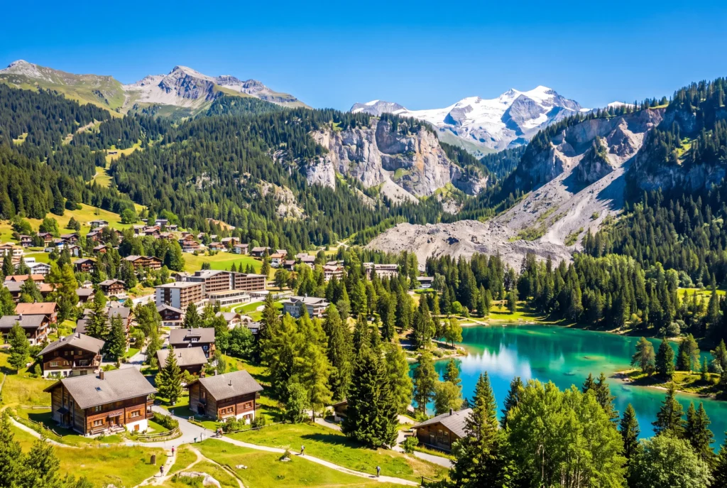 Flims & Caumasee ab Zürich mit Chauffeur – das smaragdgrün-türkis schimmernde Wasser des Caumasees inmitten dichter Nadelwälder, umgeben von Holzchalets des Bergdorfs Flims, hellen Felswänden und schneebedeckten Bündner Gipfeln unter blauem Himmel