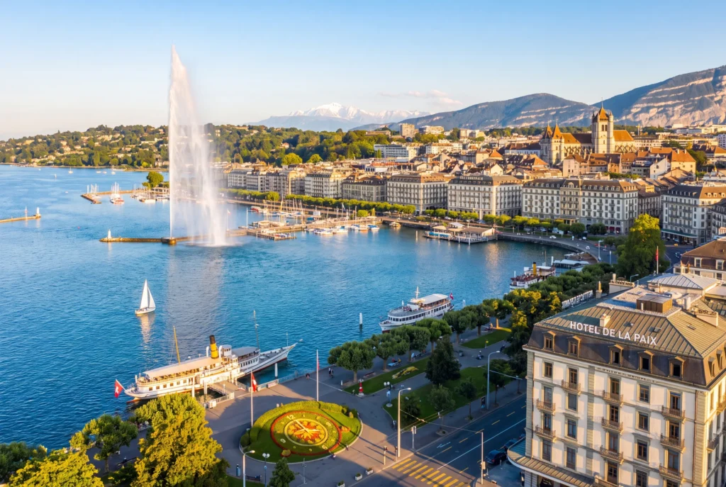 Genf Privattour ab Zürich mit Chauffeur – der berühmte Wasserstrahl Jet d'Eau am Genfersee, der Hafen mit Segelbooten und einem Raddampfer, die Blumenuhr Horloge Fleurie, elegante Stadthäuser und der schneebedeckte Mont Blanc im Hintergrund
