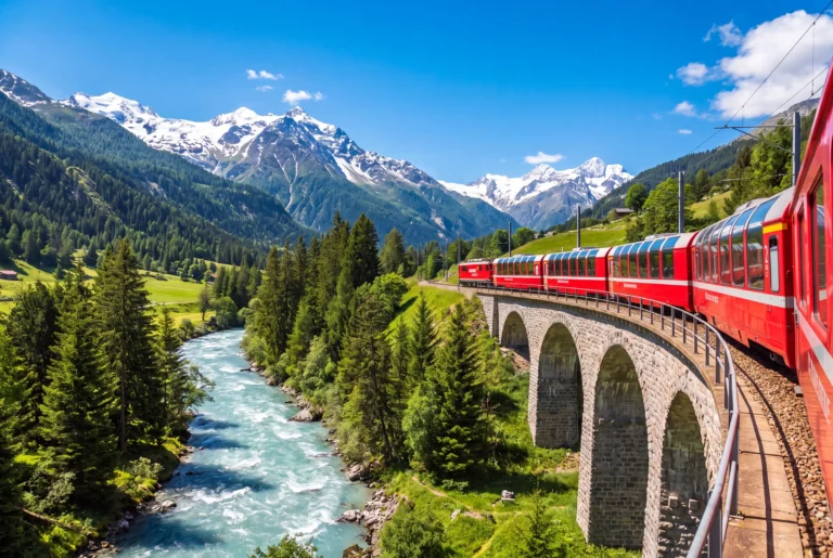 Glacier Express ab Zürich mit Chauffeur – der rote Panoramazug der Rhätischen Bahn überquert ein gemauertes Steinviadukt hoch über einem türkis schäumenden Gebirgsfluss, umgeben von dichten Nadelwäldern und schneebedeckten Alpengipfeln unter strahlend blauem Himmel