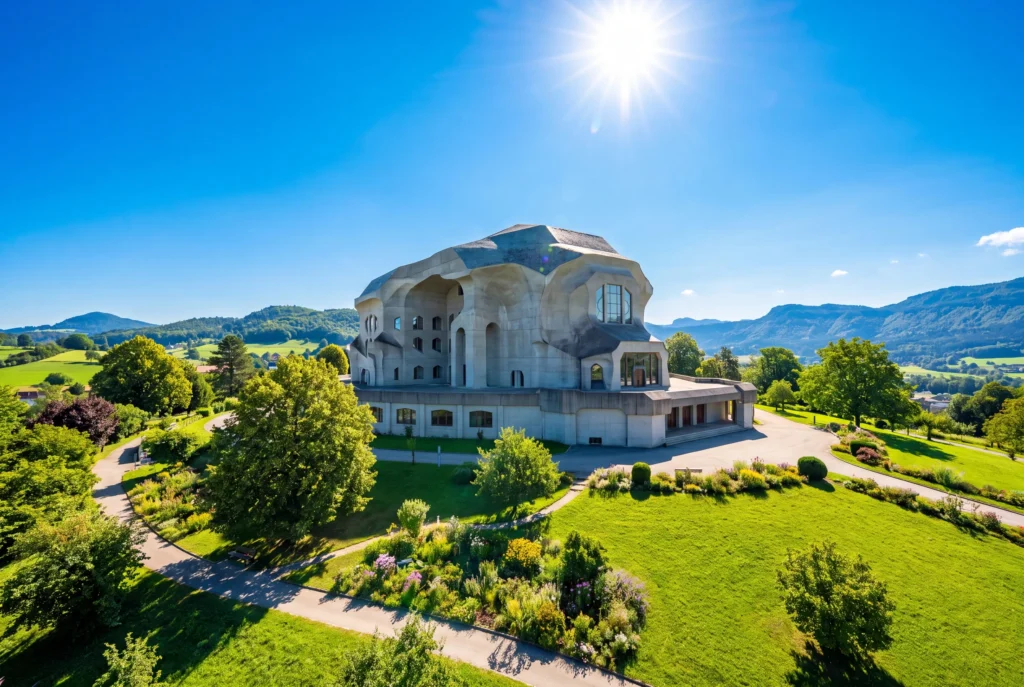 Goetheanum Dornach ab Zürich mit Chauffeur – der monumentale skulpturale Sichtbetonbau im expressionistischen Stil mit seinen geschwungenen organischen Formen, umgeben von gepflegten Gärten, blühenden Beeten und grünen Wiesen vor den bewaldeten Jurahügeln unter strahlend blauem Himmel