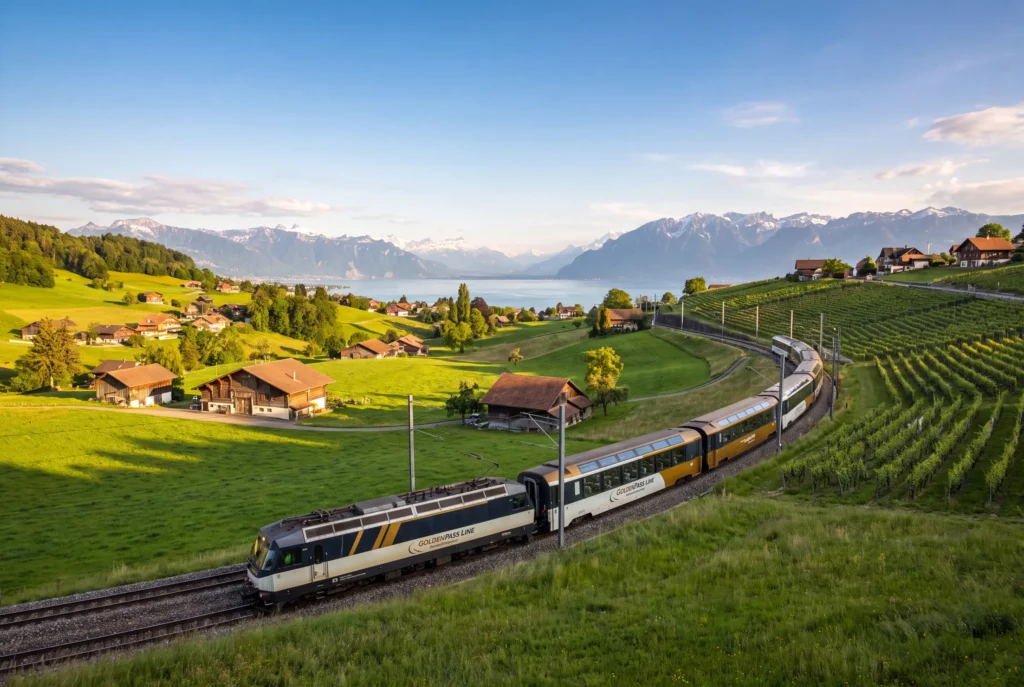 GoldenPass Line Tagesausflug ab Zürich mit Chauffeur – der gold-creme-schwarze Panoramazug der GoldenPass Line fährt durch grüne Weiden und Rebterrassen hoch über dem Genfersee, mit Chalets, Dörfern und schneebedeckten Waadtländer Alpen im Hintergrund