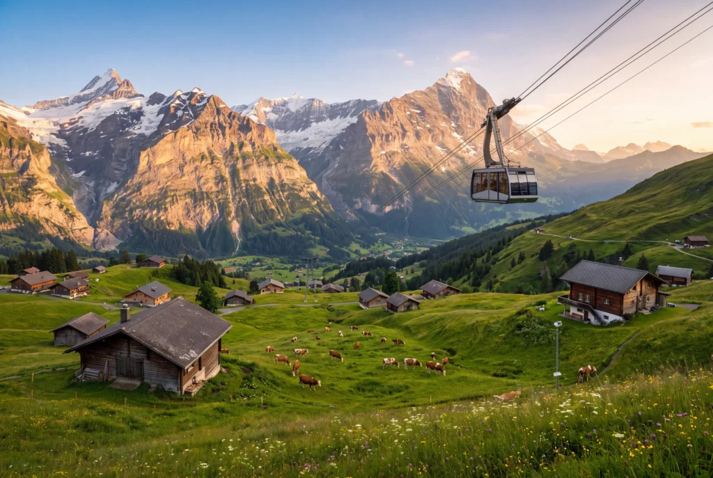 Grindelwald Ausflug ab Zürich mit Chauffeur – eine moderne Gondelbahn über blühenden Alpwiesen mit grasenden Kühen und Holzchalets, vor der mächtigen Kulisse von Eiger, Wetterhorn und Schreckhorn im goldenen Abendlicht