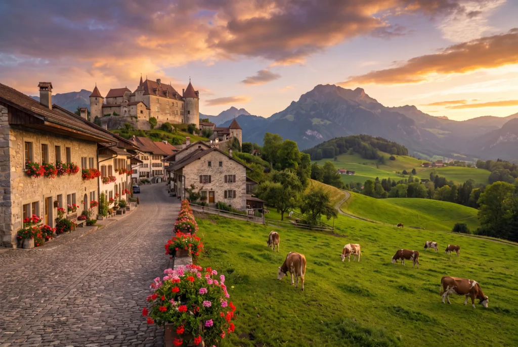 Gruyeres Ausflug ab Zürich mit Chauffeur – das mittelalterliche Städtchen Gruyères mit dem Schloss auf dem Hügel, einer gepflasterten Gasse mit blumengeschmückten Steinhäusern, grasenden Kühen und dem Moléson-Massiv im Abendrot
