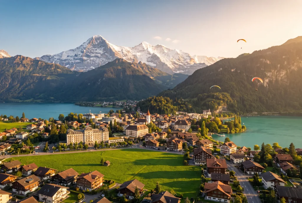 Interlaken Ausflug ab Zürich mit Chauffeur – das Bödeli-Dorf Interlaken zwischen dem türkisblauen Thunersee und Brienzersee mit markantem Grandhotel und Kirche, Paraglidern am Himmel und den schneebedeckten Gipfeln von Eiger, Mönch und Jungfrau im goldenen Abendlicht