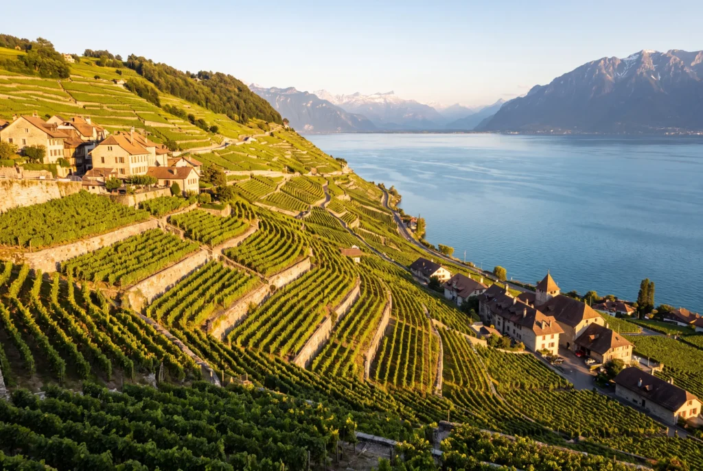 Lavaux Ausflug ab Zürich mit Chauffeur – die UNESCO-Weinterrassen von Lavaux mit ihren Steinmauern hoch über dem Genfersee, Winzerdörfer aus Stein und die schneebedeckten Alpen im Hintergrund im goldenen Abendlicht