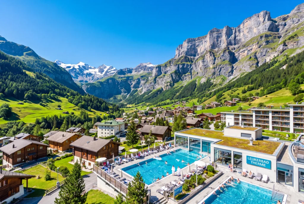 Leukerbad ab Zürich mit Chauffeur – die türkisblauen Aussenbecken der Leukerbad Therme mit Badegästen, dahinter das Walliser Chaletdorf im grünen Tal vor den mächtigen Felswänden der Gemmi und schneebedeckten Alpengipfeln unter blauem Himmel