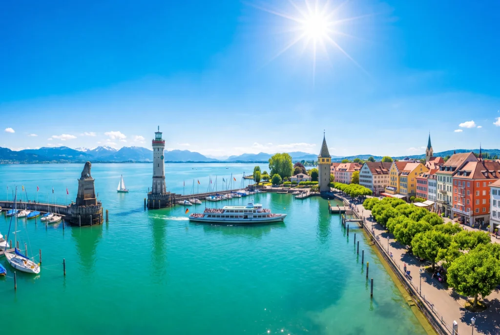 Lindau Ausflug ab Zürich mit Chauffeur – die historische Hafeneinfahrt am Bodensee mit dem weissen Leuchtturm und dem steinernen Bayerischen Löwen, einem Ausflugsschiff auf dem türkisblauen Wasser, dem Mangturm und den bunten Häusern der Hafenpromenade vor den Alpen