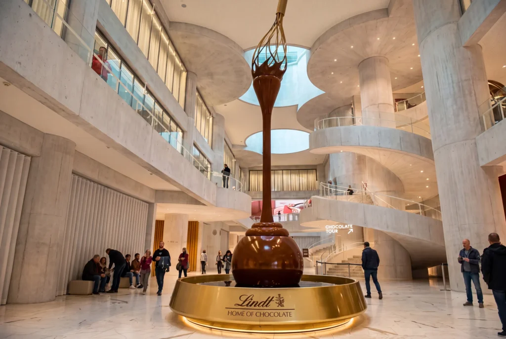 Lindt Ausflug ab Zürich mit Chauffeur – der riesige Schokoladenbrunnen im Lindt Home of Chocolate in Kilchberg mit goldenem Schwingbesen, das grosszügige Atrium mit geschwungener Wendeltreppe und Besucher beim Eingang zur Chocolate Tour