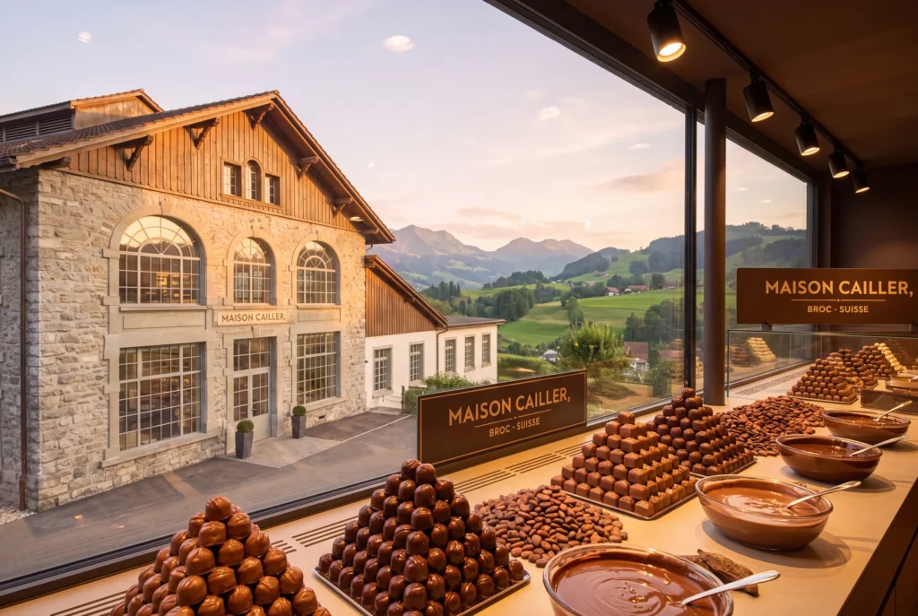 Maison Cailler ab Zürich mit Chauffeur – die Schokoladenfabrik Maison Cailler in Broc mit kunstvoll aufgetürmten Pralinen, Kakaobohnen und Schalen voll geschmolzener Schokolade, Blick durch das Panoramafenster auf das historische Fabrikgebäude und die grünen Hügel des Greyerzerlandes im Abendlicht