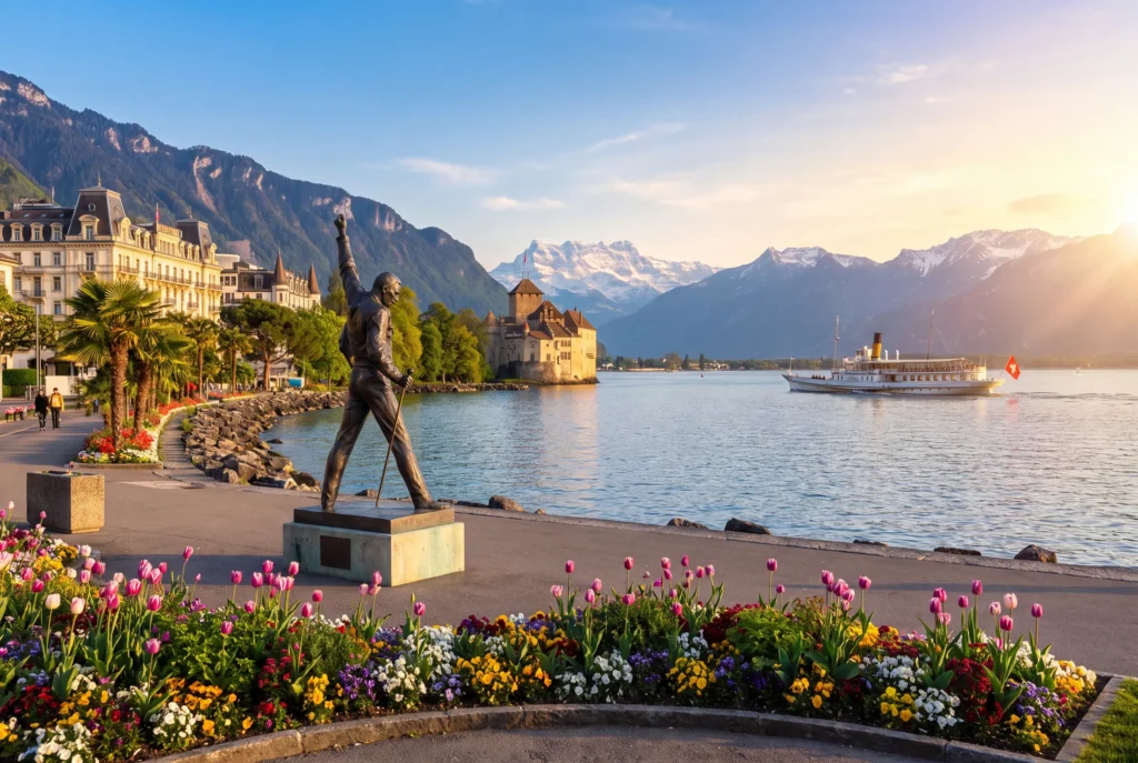 Montreux Privattour ab Zürich mit Chauffeur – die blumengeschmückte Seepromenade von Montreux mit der Freddie-Mercury-Statue, Tulpenbeeten und Palmen am Genfersee, dem Schloss Chillon, einem Raddampfer und den schneebedeckten Dents du Midi im Hintergrund