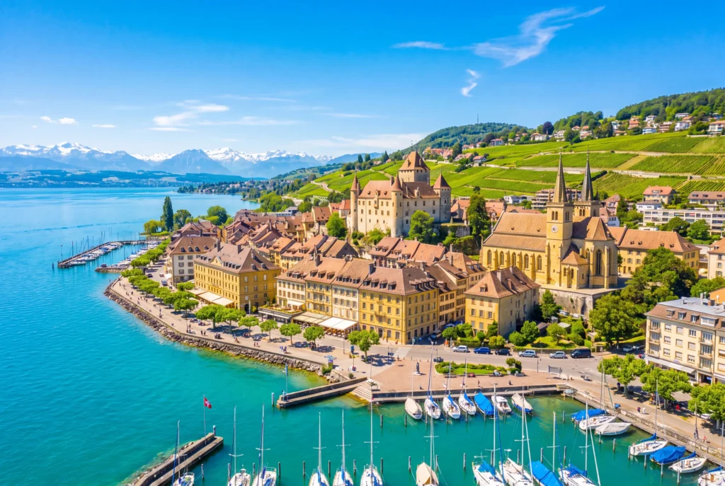 Neuchâtel & Absinthe ab Zürich mit Chauffeur – Luftaufnahme der Altstadt aus gelbem Sandstein mit Schloss und Stiftskirche, dem Yachthafen voller Segelboote am türkisblauen Neuenburgersee, Weinbergterrassen und schneebedeckten Alpen am Horizont