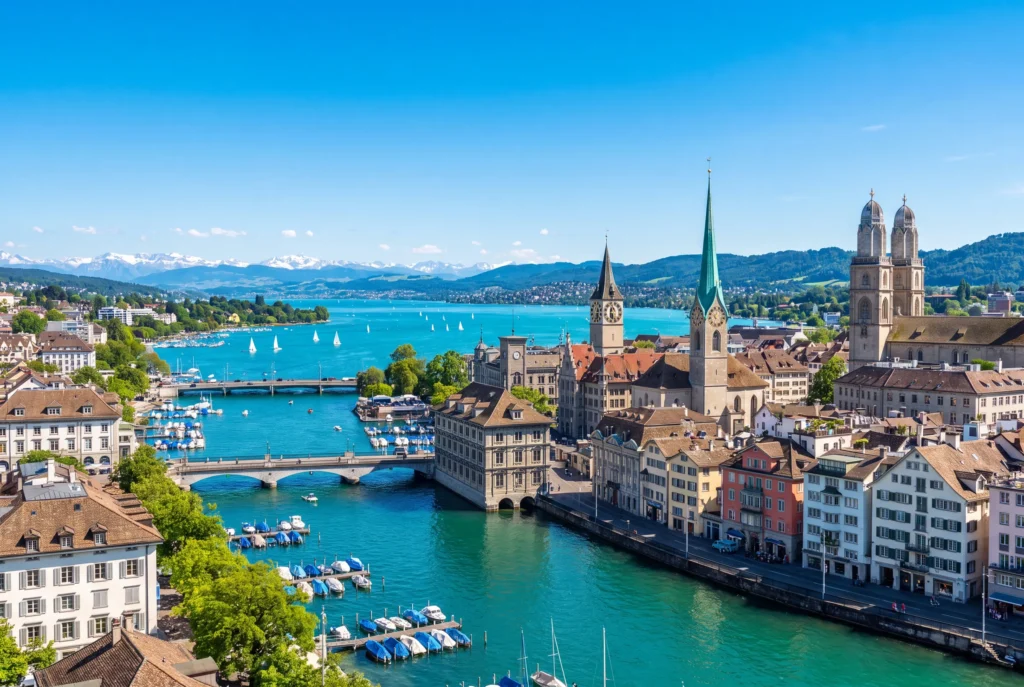 Private Stadtrundfahrt Zürich mit Chauffeur – Blick über die Zürcher Altstadt an der Limmat mit Fraumünster, St. Peter und den Doppeltürmen des Grossmünsters, dem türkisblauen Zürichsee mit Segelbooten und den schneebedeckten Alpen am Horizont