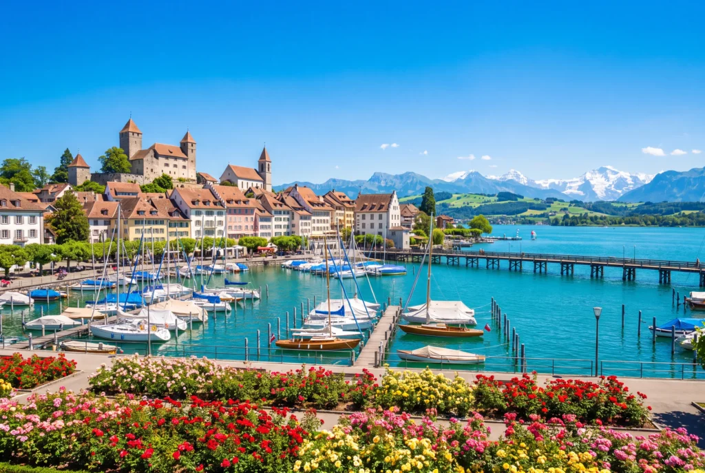 Rapperswil Ausflug ab Zürich mit Chauffeur – das Schloss Rapperswil mit seinen Türmen über der Altstadt, der Hafen voller Segelboote, blühende Rosenbeete der Rosenstadt, die hölzerne Seebrücke und die schneebedeckten Alpen über dem türkisblauen Zürichsee