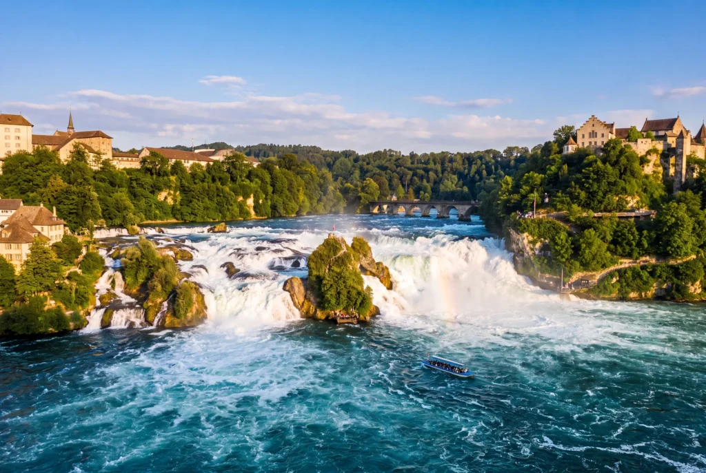 Rheinfall Ausflug ab Zürich mit Chauffeur – der tosende Rheinfall bei Schaffhausen, Europas grösster Wasserfall, mit dem zentralen Felsen, einem Ausflugsboot, Schloss Laufen am bewaldeten Ufer und einem Regenbogen in der Gischt im Abendlicht