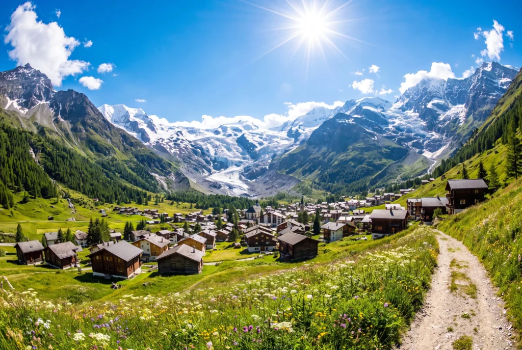 Saas-Fee Tagesausflug ab Zürich mit Chauffeur – das autofreie Walliser Gletscherdorf mit dunklen Holzchalets im grünen Tal, ein Wanderweg durch eine bunte Blumenwiese und im Hintergrund die mächtige Gletscherzunge unterhalb der schneebedeckten Viertausender unter strahlend blauem Himmel