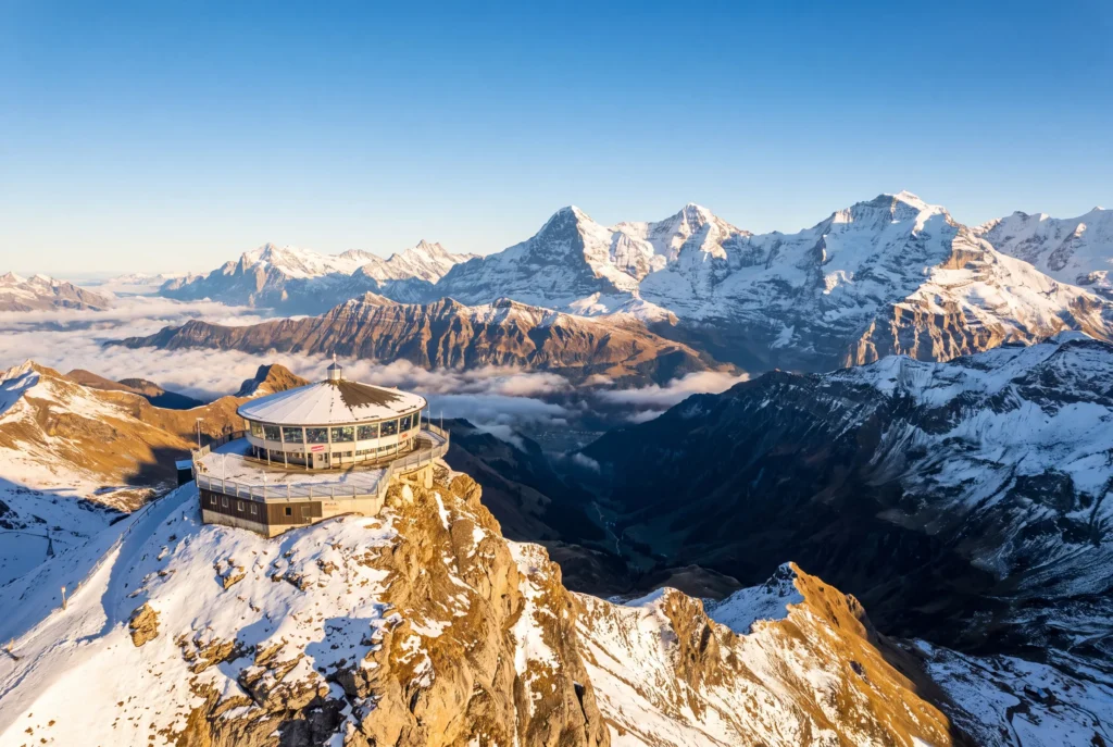 Schilthorn Ausflug ab Zürich mit Chauffeur – das runde Gipfelrestaurant Piz Gloria auf dem Schilthorn-Gipfel über einem Nebelmeer, mit dem Panorama von Eiger, Mönch und Jungfrau im goldenen Abendlicht