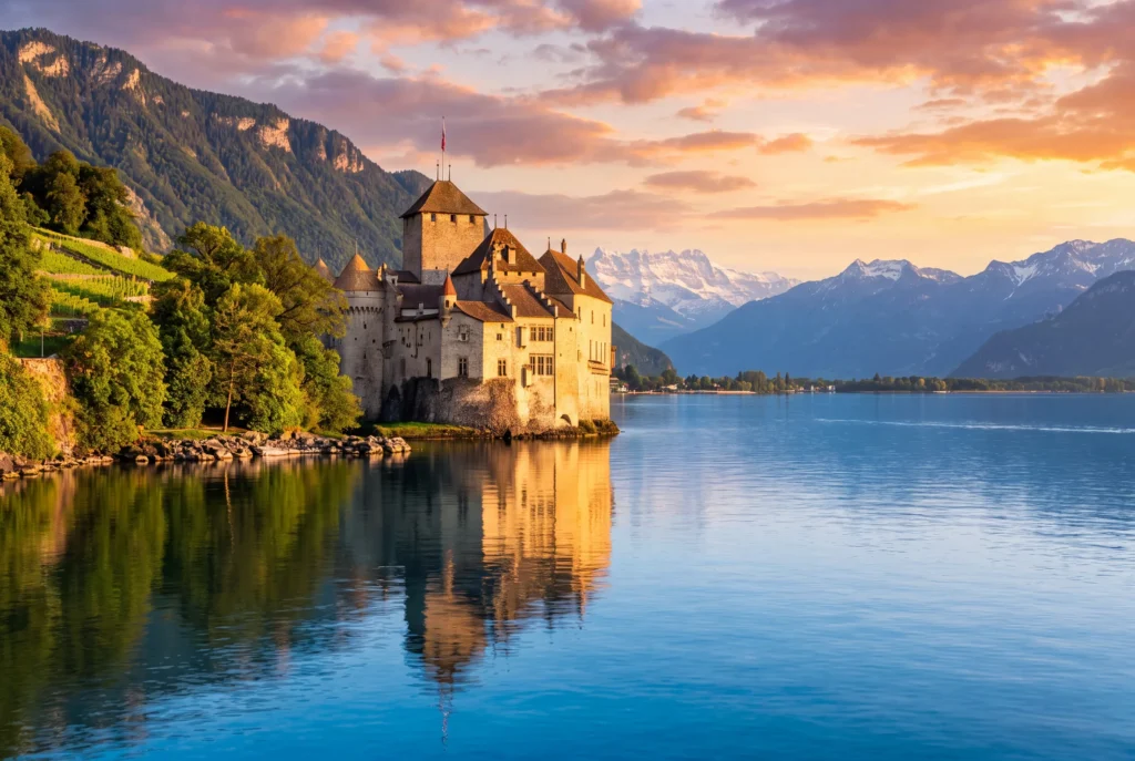 Schloss Chillon Ausflug ab Zürich mit Chauffeur – die mittelalterliche Wasserburg Schloss Chillon am Ufer des Genfersees mit Spiegelung im ruhigen Wasser, den Dents du Midi und den Waadtländer Alpen im Hintergrund im Abendrot