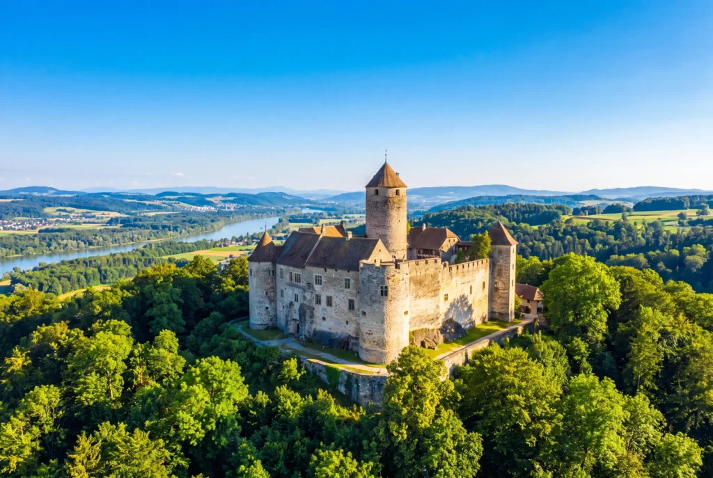 Schloss Habsburg & Wildegg ab Zürich mit Chauffeur – die mittelalterliche Stammburg der Habsburger mit ihrem markanten runden Bergfried thront auf einem dicht bewaldeten Hügel, im Tal windet sich die Aare durch grüne Felder vor sanften Jurahügeln unter blauem Himmel