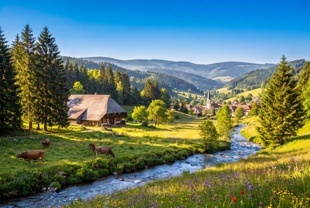 Schwarzwald Ausflug ab Zürich mit Chauffeur – ein traditioneller Schwarzwaldhof mit Schindeldach auf einer Blumenwiese mit grasenden Kühen, ein klarer Bach, der sich zum Dorf mit Kirchturm schlängelt, eingerahmt von dunklen Nadelwäldern und sanften Hügeln unter blauem Himmel