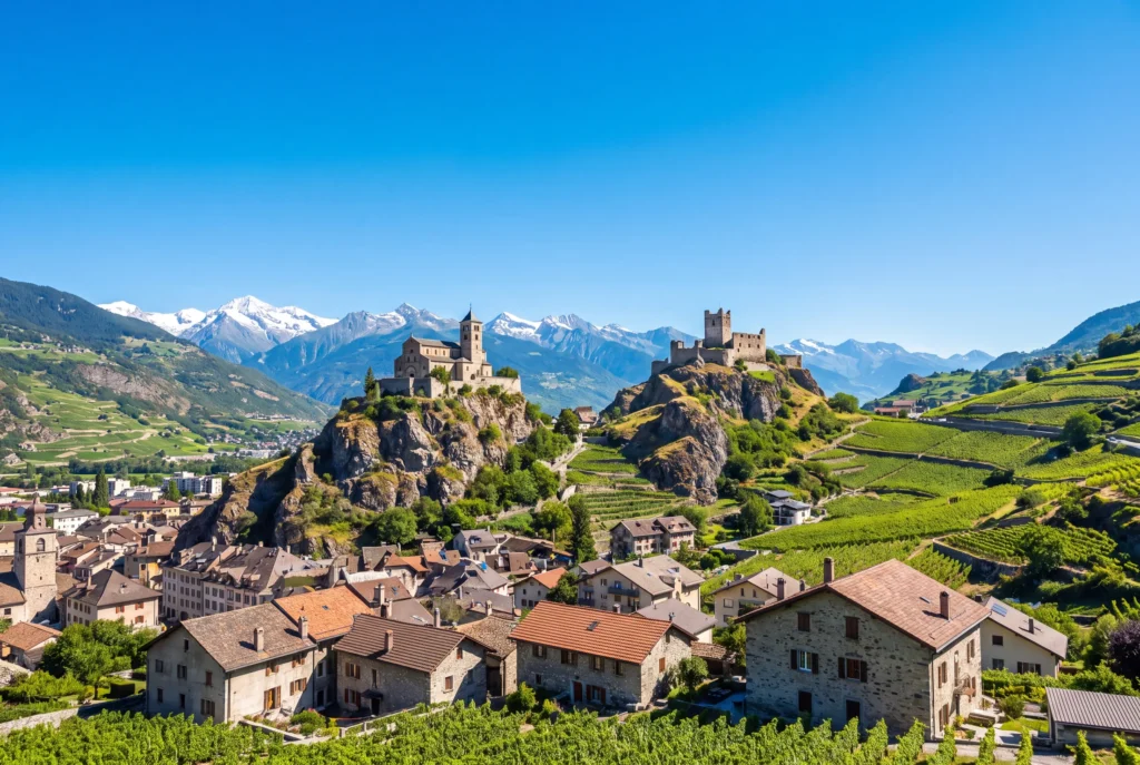Sion: Valère & Tourbillon ab Zürich mit Chauffeur – die beiden markanten Felshügel der Walliser Hauptstadt mit der befestigten Basilika Valère und der Burgruine Tourbillon, darunter die Altstadt mit Steinhäusern und Ziegeldächern, terrassierte Weinberge und schneebedeckte Walliser Alpen