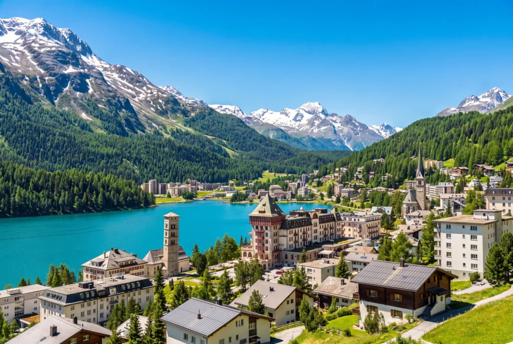 St. Moritz Privattour ab Zürich mit Chauffeur – Blick über den türkisblauen St. Moritzersee auf den mondänen Engadiner Kurort mit dem markanten schiefen Kirchturm, den historischen Grandhotels und Chalets, eingerahmt von Lärchenwäldern und schneebedeckten Engadiner Gipfeln
