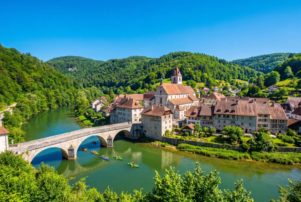 St-Ursanne ab Zürich mit Chauffeur – das mittelalterliche Jura-Städtchen mit der historischen Steinbogenbrücke über den Fluss Doubs, bunten Kajaks auf dem grünen Wasser, der Stiftskirche mit Glockenturm und Fachwerkhäusern, eingebettet in bewaldete Jurahügel unter blauem Himmel