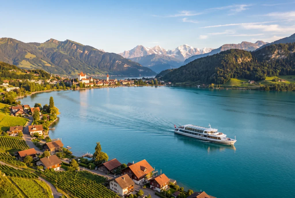 Thunersee Ausflug ab Zürich mit Chauffeur – der türkisblaue Thunersee mit einem Kursschiff, dem Schloss Spiez mit seinen roten Türmen am Ufer, Rebbergen und den schneebedeckten Gipfeln von Eiger, Mönch und Jungfrau im Hintergrund